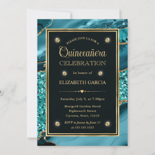 Elegante Türkis- und Gold-Glitter-Achat-Quinceaner Einladung