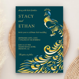 Elegante Türkis- und Gold-Pfau-Hochzeitseinladung Einladung