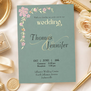 Elegante Türkis- und Rosa-Botanical-Hochzeit Gold Folieneinladung