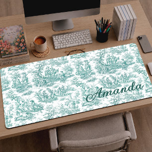 Elegante Türkis Vintage Französische Toile de Jouy Schreibtischunterlage