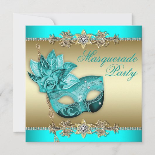 Elegante Türkisblau Masquerade Party Einladung (Vorderseite)