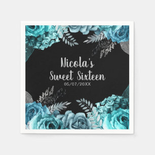 Elegante Türkisblaue und Silber Blumen Sweet Sixte Serviette