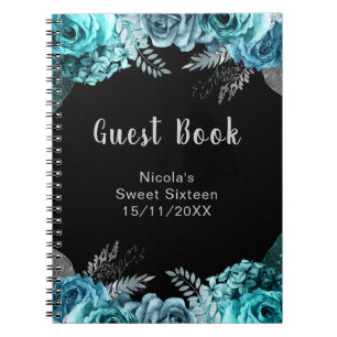 Elegante Türkisblaue und Silberne Blumen Sweet Six Notizblock