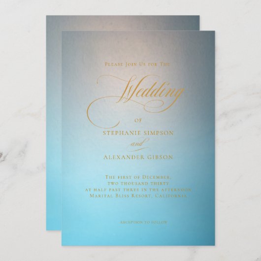 Elegante Türkise Gold Script Wedding Einladung (Vorne/Hinten)