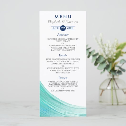Elegante türkise Tides Beach Wedding Menu Cards Menükarte (Stehend Vorderseite)
