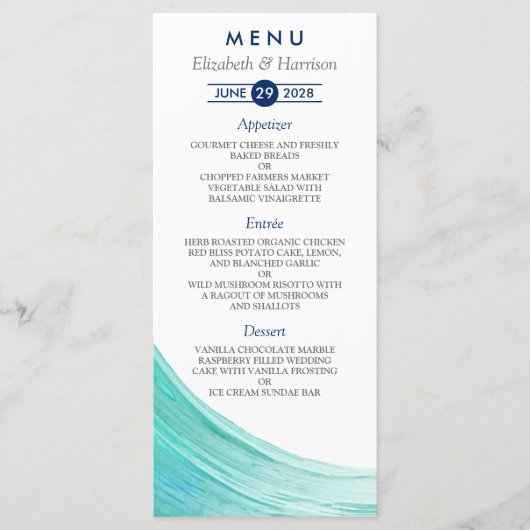 Elegante türkise Tides Beach Wedding Menu Cards Menükarte (Vorderseite)