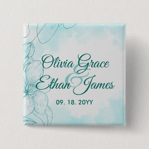 Elegante türkisfarbene Aquarell-Blumen-Hochzeitsei Button