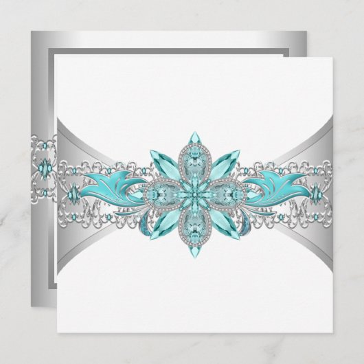 Elegante türkisfarbene Blau- und Silberhochzeit Einladung (Vorne/Hinten)