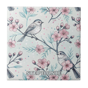 Elegante Türkisvögel rosa Kirschblüten Fliese