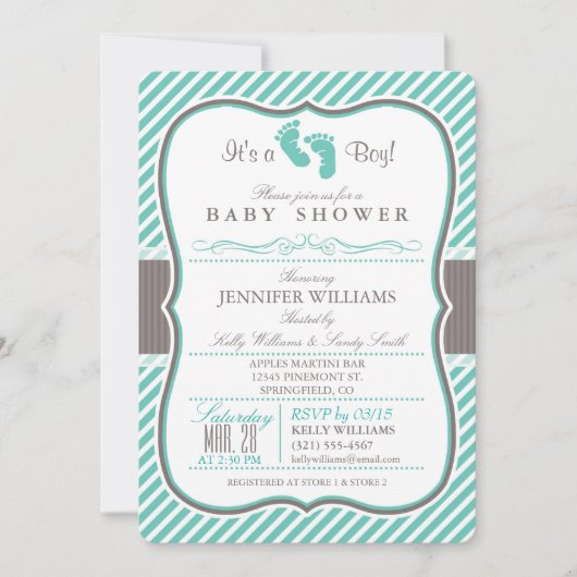 Elegante Turquoise und Taupe Baby Feet Babydusche Einladung (Vorderseite)
