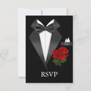 Elegante Tux & Rose Black-Tie-Party RSVP Karte