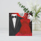 Elegante Tuxedo und Red Dress Holiday Party Einladung (Stehend Vorderseite)