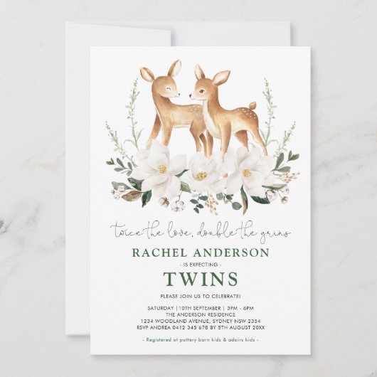 Elegante Twin Deer White Blume Babydusche Einladung (Vorderseite)