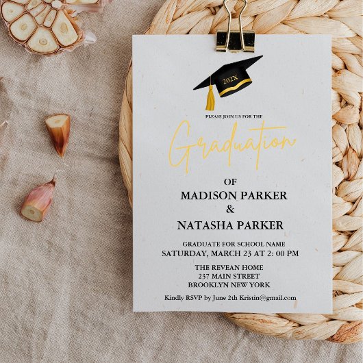 Elegante Twin Gold Calligraphy Graduation Party Einladung