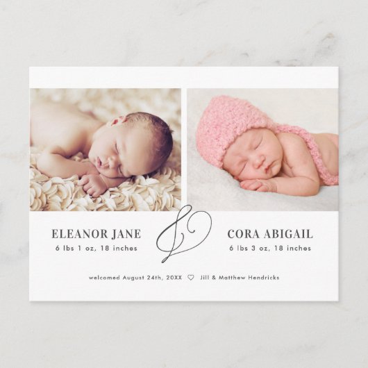 Elegante Twins Birth Announcement Postcard Postkarte (Vorderseite)