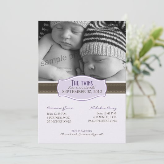 Elegante Twins Geburtsankündigung: Lavendel Ankündigung (Stehend Vorderseite)