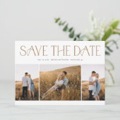 Elegante Typografie 3 Foto Collage Wedding Save The Date (Stehend Vorderseite)