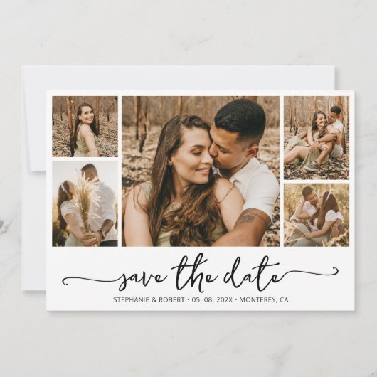Elegante Typografie 5 Foto Collage Wedding Save The Date (Vorderseite)