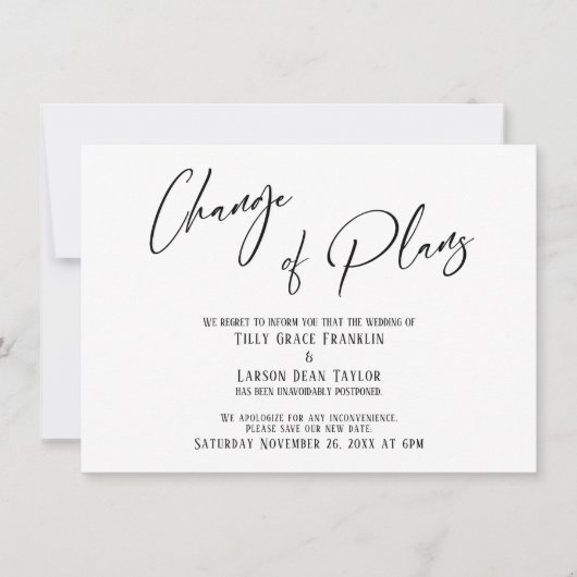 Elegante Typografie Änderung von Plänen Hochzeitve Einladung (Vorderseite)