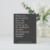 Elegante Typografie Black Modern Save the Date Postkarte (Stehend Vorderseite)