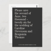 Elegante Typografie Black Modern Save the Date Postkarte (Vorne/Hinten)