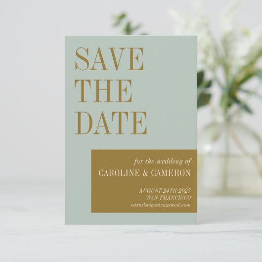 Elegante Typografie Blue Olive Gold Hochzeit Save The Date (Stehend Vorderseite)