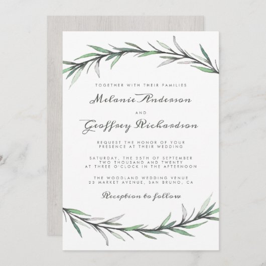 Elegante Typografie Botanische Woodland-Hochzeit Einladung (Vorne/Hinten)