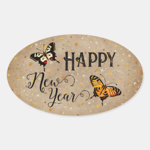 Elegante Typografie Butterfly Stars Rustikales Neu Ovaler Aufkleber