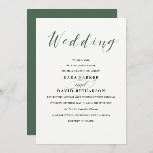 Elegante Typografie | Deep Green Wedding Einladung (Vorne/Hinten)