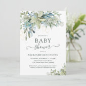 Elegante Typografie Eucalyptus Greenery Baby Showe Einladung (Stehend Vorderseite)