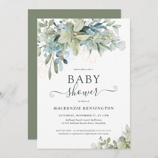 Elegante Typografie Eucalyptus Greenery Baby Showe Einladung (Vorne/Hinten)