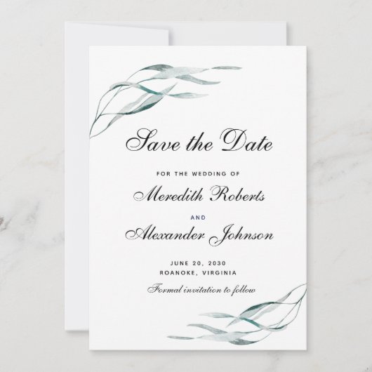 Elegante Typografie Eukalyptus-Blätter Hochzeit Save The Date (Vorderseite)