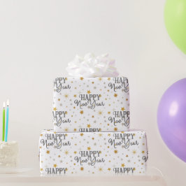 Elegante Typografie Gray Gold Starry Happy New Yea Geschenkpapier