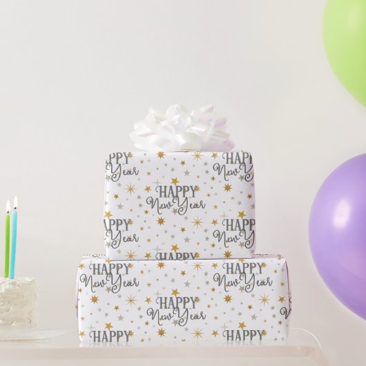 Elegante Typografie Gray Gold Starry Happy New Yea Geschenkpapier (Partygeschenke)
