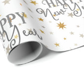 Elegante Typografie Gray Gold Starry Happy New Yea Geschenkpapier (Rolleneckpunkt)