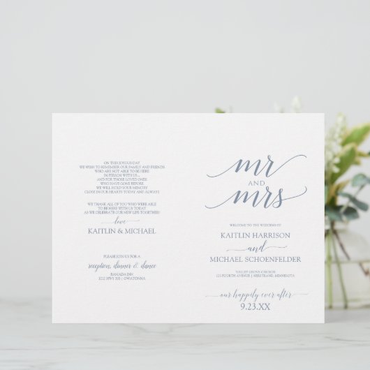Elegante Typografie Hochzeitsprogramme Dusty Blue (Stehend Vorderseite)
