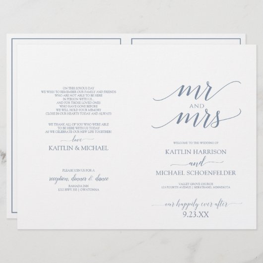 Elegante Typografie Hochzeitsprogramme Dusty Blue (Vorne/Hinten)
