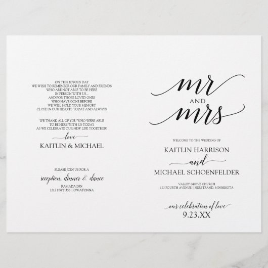 Elegante Typografie-Hochzeitsprogramme in Schwarz (Vorderseite)