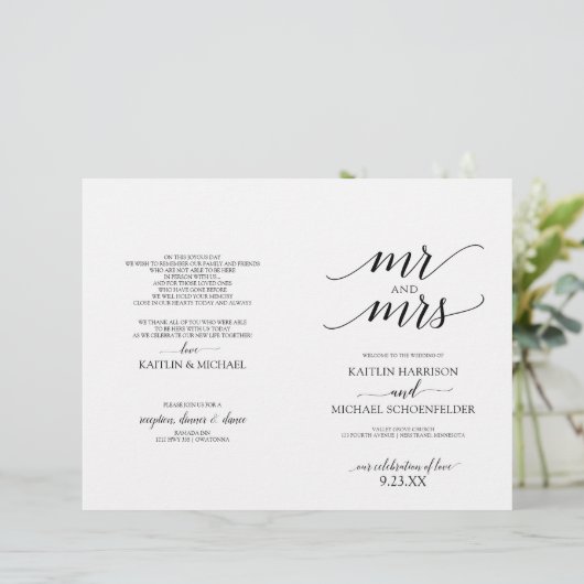 Elegante Typografie-Hochzeitsprogramme in Schwarz (Stehend Vorderseite)