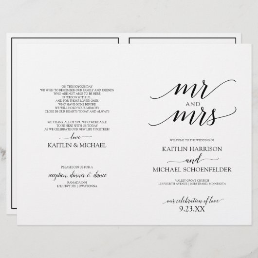 Elegante Typografie-Hochzeitsprogramme in Schwarz (Vorne/Hinten)