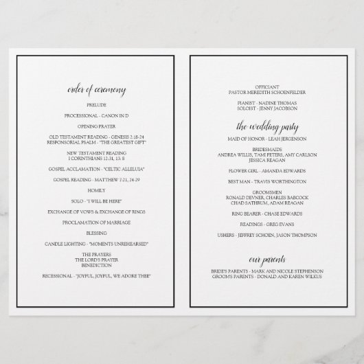 Elegante Typografie-Hochzeitsprogramme in Schwarz (Rückseite)