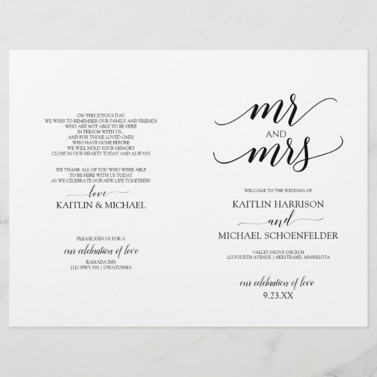 Elegante Typografie-Hochzeitsprogramme in Schwarz (Vorderseite)