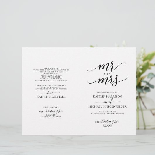 Elegante Typografie-Hochzeitsprogramme in Schwarz (Stehend Vorderseite)