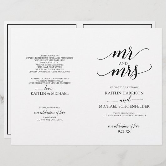 Elegante Typografie-Hochzeitsprogramme in Schwarz (Vorne/Hinten)