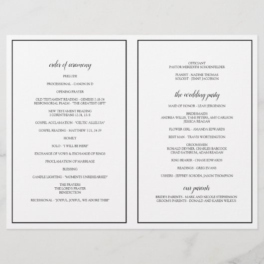 Elegante Typografie-Hochzeitsprogramme in Schwarz (Rückseite)