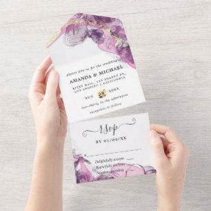 Elegante Typografie in Lila und Gold - Hochzeit All In One Einladung