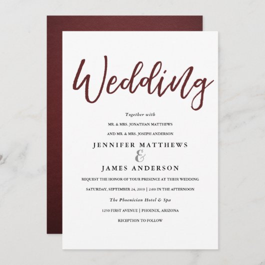 Elegante Typografie | Marsala Red Wedding Card Einladung (Vorne/Hinten)
