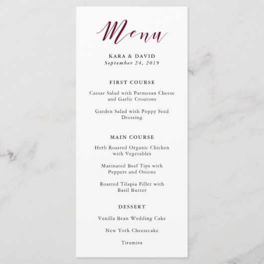 Elegante Typografie | Marsala Wedding Menu Menükarte (Vorderseite)