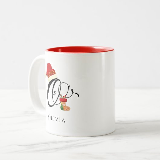 Elegante Typografie Name Anfangsbuchstabe O Weihna Zweifarbige Tasse (Vorderseite Links)