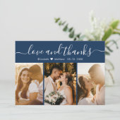 Elegante Typografie Navy-Multiple-Foto-Hochzeit Dankeskarte (Stehend Vorderseite)